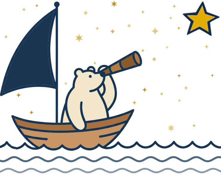 Illustration of a bear in a sailboat looking through a telescope at a guiding star
